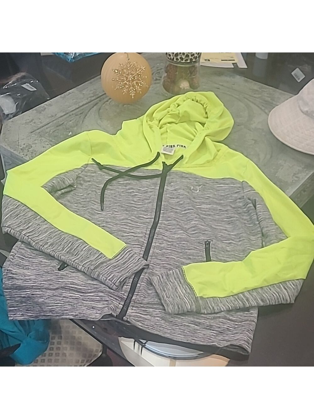 Victoria Secret Pink Tracksuit Gray Neon Green Full Zip Hoodie Large like new